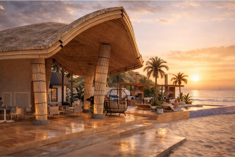 Piscina del resort con vista al océano
